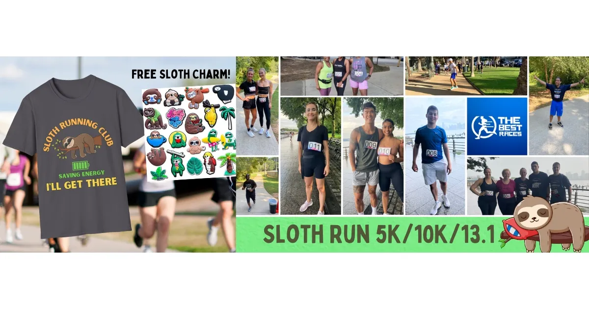 Collage of runners participating in a race, with a graphic displaying 'Sloth Run 5K/10K/13.1' and various sloth-themed charms.