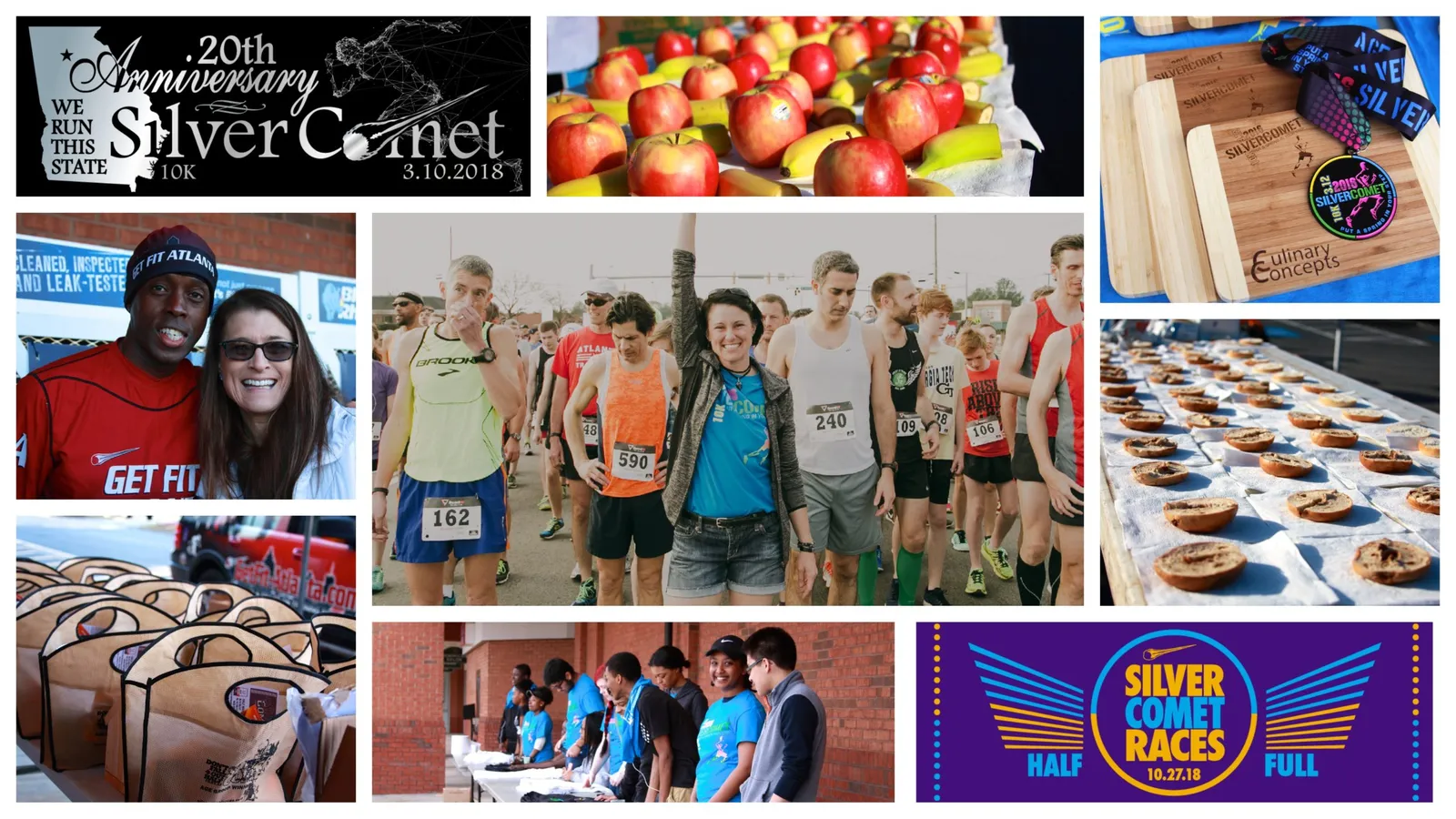 Collage of images from the Silver Comet Races, including runners at the start line, a couple, and race swag.