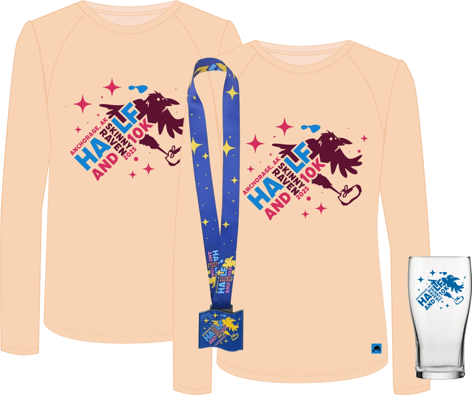 Skinny Raven Half Marathon and 10K 2025 finisher t-shirt, medal, and glass.