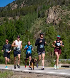 A group of five runners, including one with a dog on a leash, run along a paved road with a scenic mountain and forest backdrop.