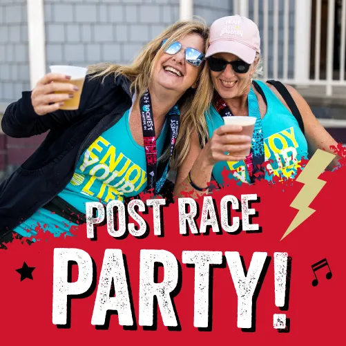 Two women smiling and holding drinks, with text overlay 'POST RACE PARTY!'
