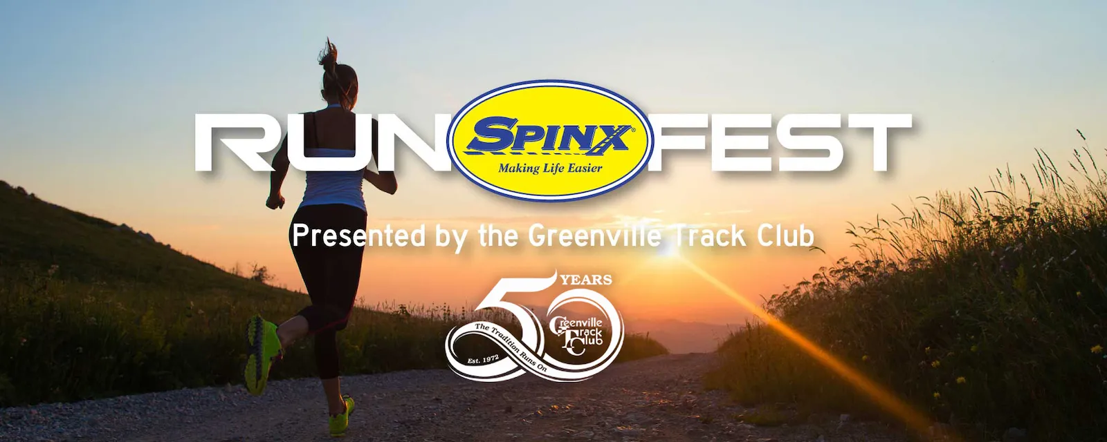 A female runner is seen from behind, running on a path during sunset, with the race name 'SPINX RUN FEST' overlaid.