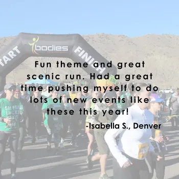 Runners at the start line of a race, with a large inflatable archway and mountains in the background. A quote from a participant is overlaid on the image.