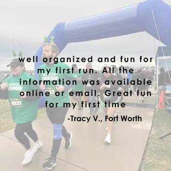 Runners crossing the start line of a race, with a quote overlay about the event being well-organized and fun.