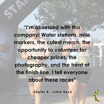 Two runners crossing the finish line, with a large quote overlay about their positive race experience.