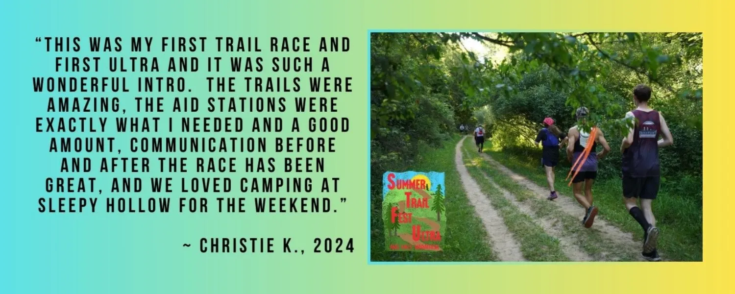 Runners on a wooded trail with a testimonial quote overlayed.