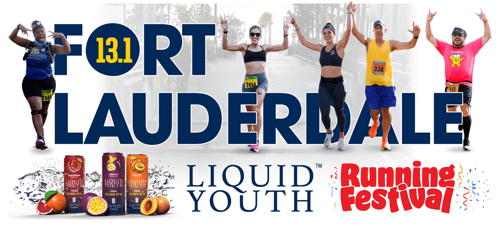 Runners celebrating at the finish line of the Fort Lauderdale Running Festival, with large race branding and sponsor logos.