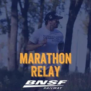 Runner participating in the Marathon Relay, with BNSF Railway logo.