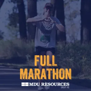 Runner making a heart shape with hands on a road, with 'FULL MARATHON' text overlay.