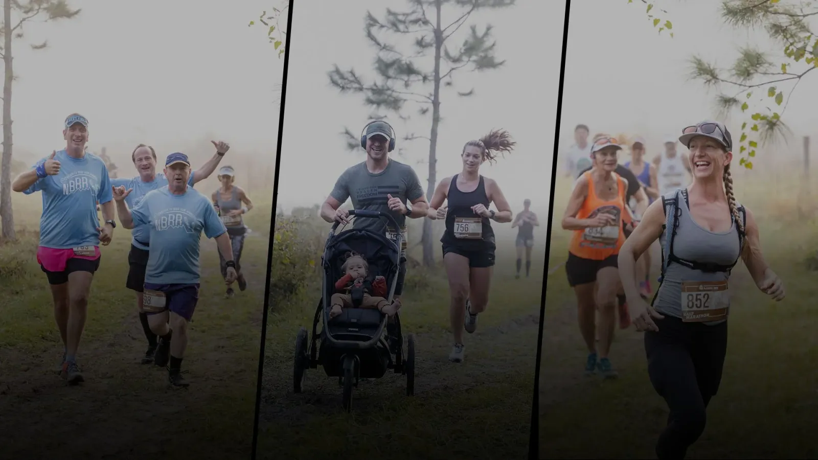 Collage of runners participating in a race, with some smiling and giving thumbs up.
