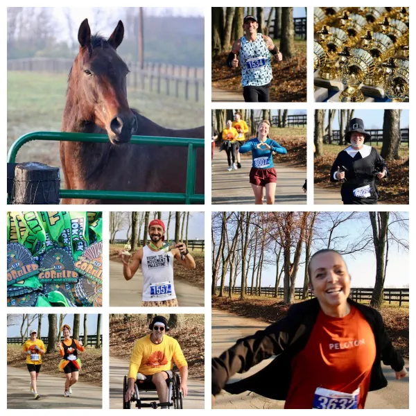 Collage of images from The Gobbler Half Marathon, 10K, and 5K, featuring runners, medals, and scenic course views.