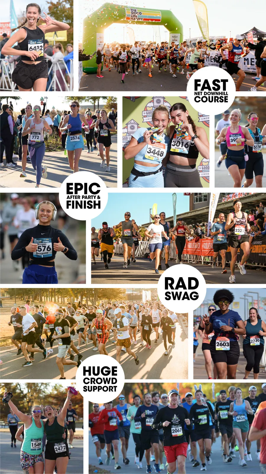 Collage of photos from the Good Life Halfsy race, showing runners, start and finish lines, and crowds.