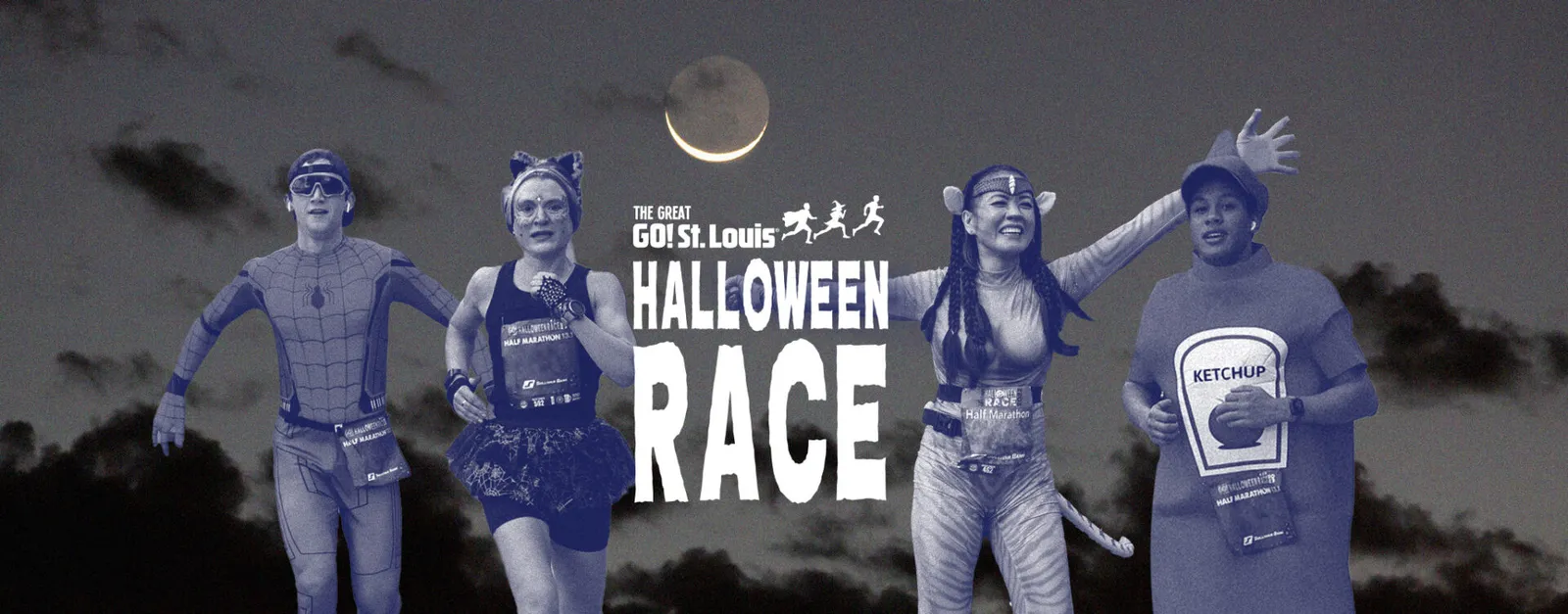 Four runners in Halloween costumes, including Spider-Man, a cat, and a ketchup bottle, running under a crescent moon.