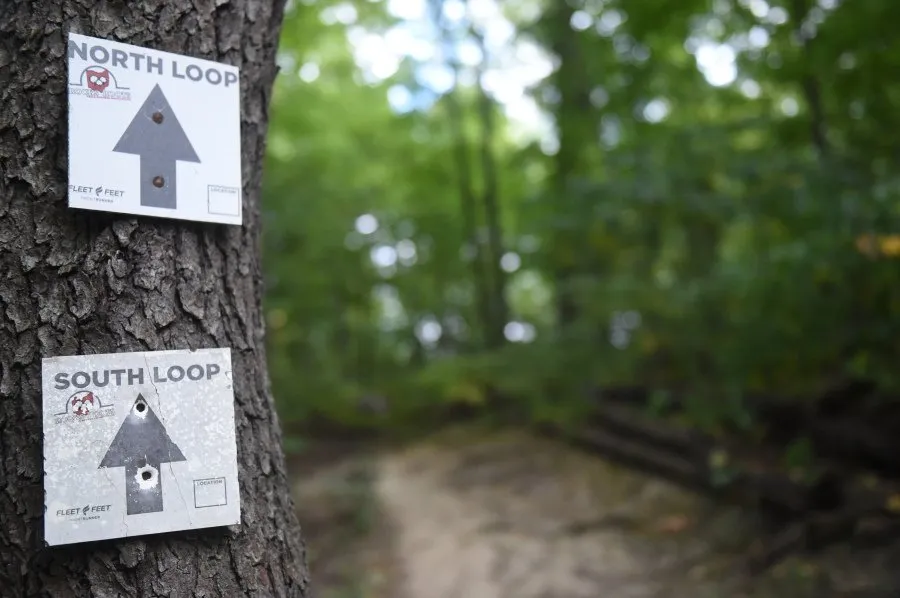 Trail signs for 'North Loop' and 'South Loop' attached to a tree on a wooded trail.