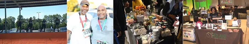 A collage of images from a race event, including people celebrating, participants with medals, and vendor booths.