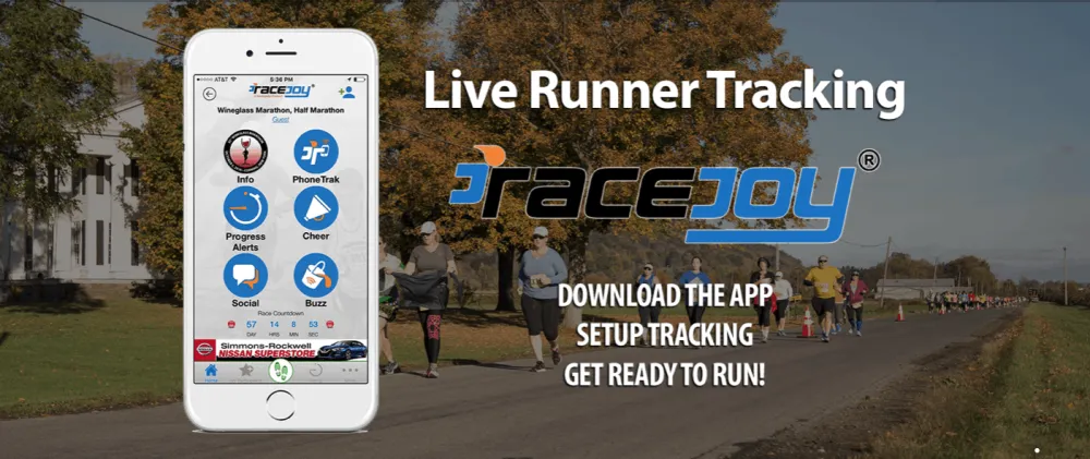 Runners on a road with a phone displaying the RaceJoy app, advertising live runner tracking.