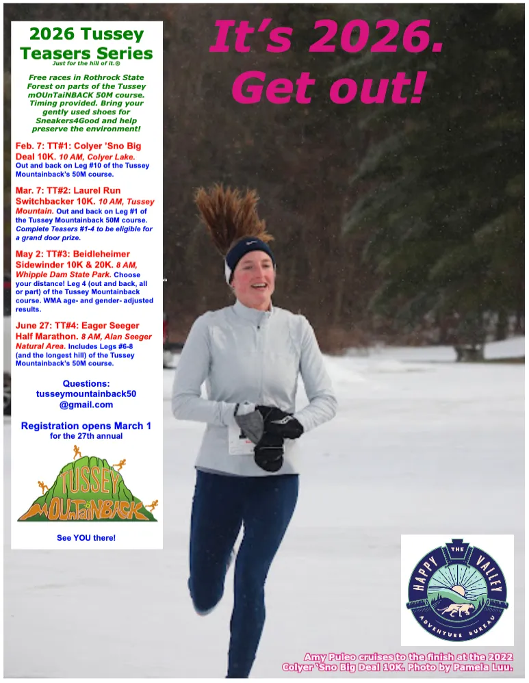 A female runner with her hair flying behind her runs through a snowy landscape, wearing a headband, gloves, and athletic wear.