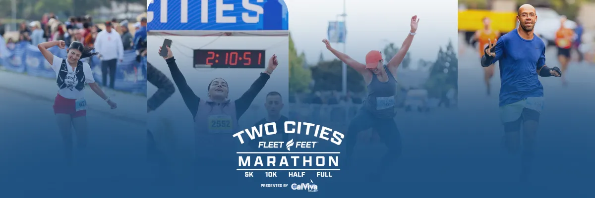 Collage of runners celebrating at the finish line of the Two Cities Marathon, with race branding overlaid.