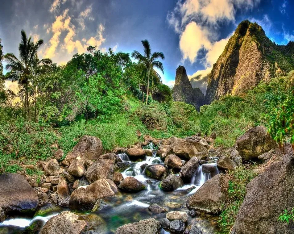 Scenic view of a lush green valley with a stream flowing over rocks, leading towards dramatic mountains under a cloudy sky.