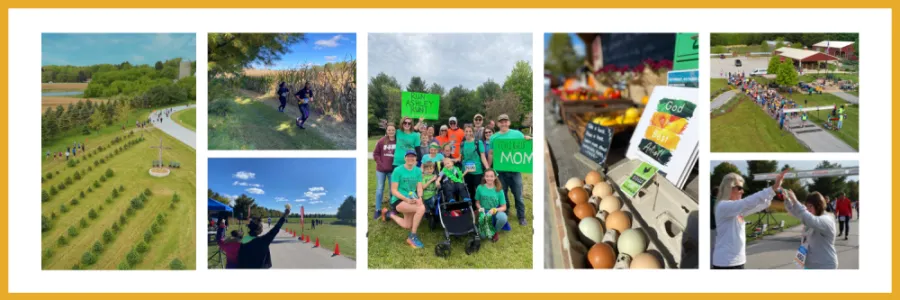 Collage of photos from the Zachariah's Acres Fall Run Walk Roll, showing runners on the course, a group celebrating, and start/finish line scenes.
