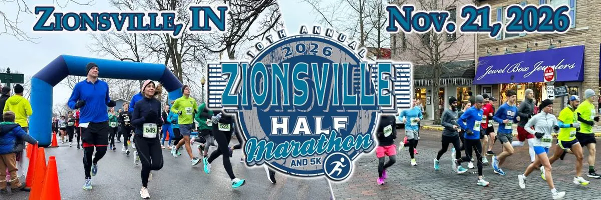 Runners crossing the start line at the Zionsville Half Marathon and 5K, with race branding and date overlaid.